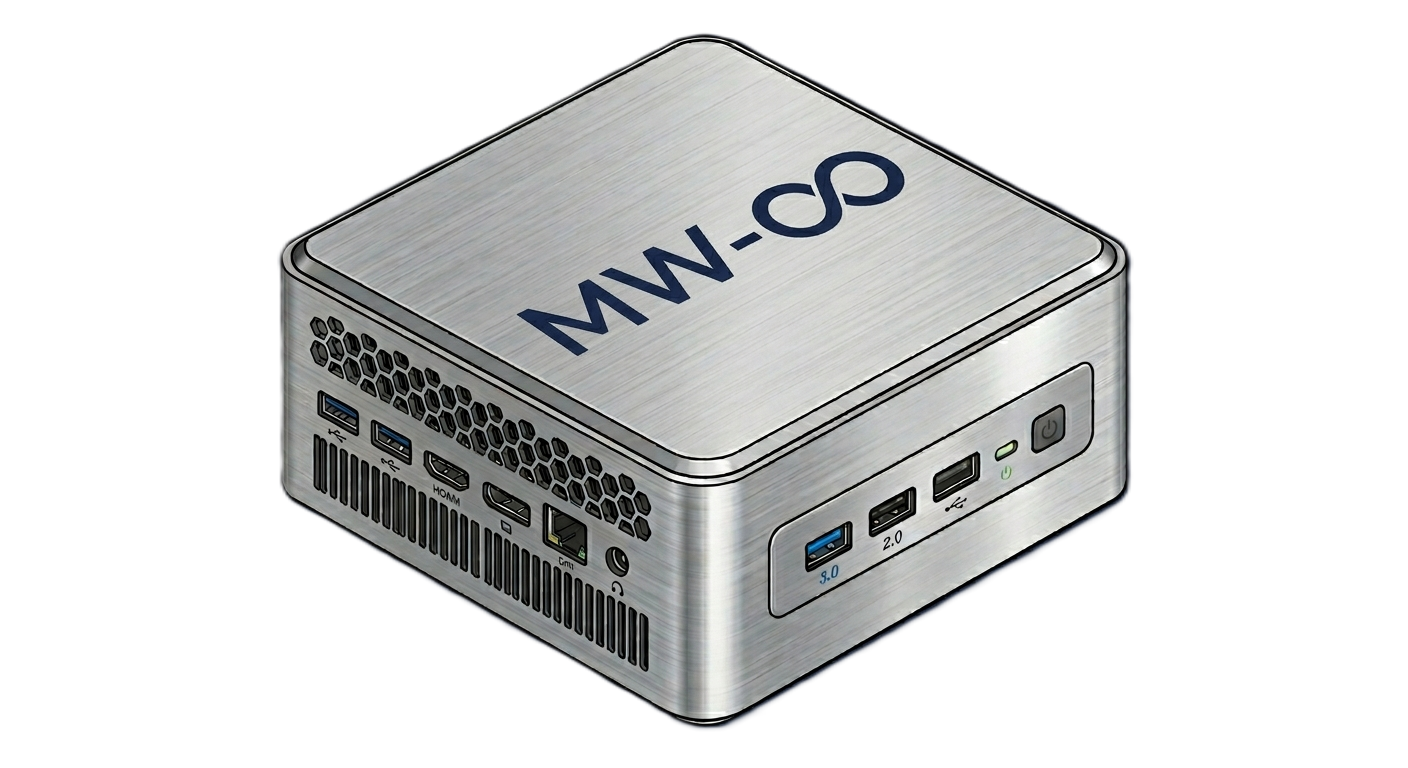 Vista isometrica del mini PC MicroWorkers MW-01: case in metallo spazzolato con porte USB, HDMI ed Ethernet, LED di stato sul fronte.